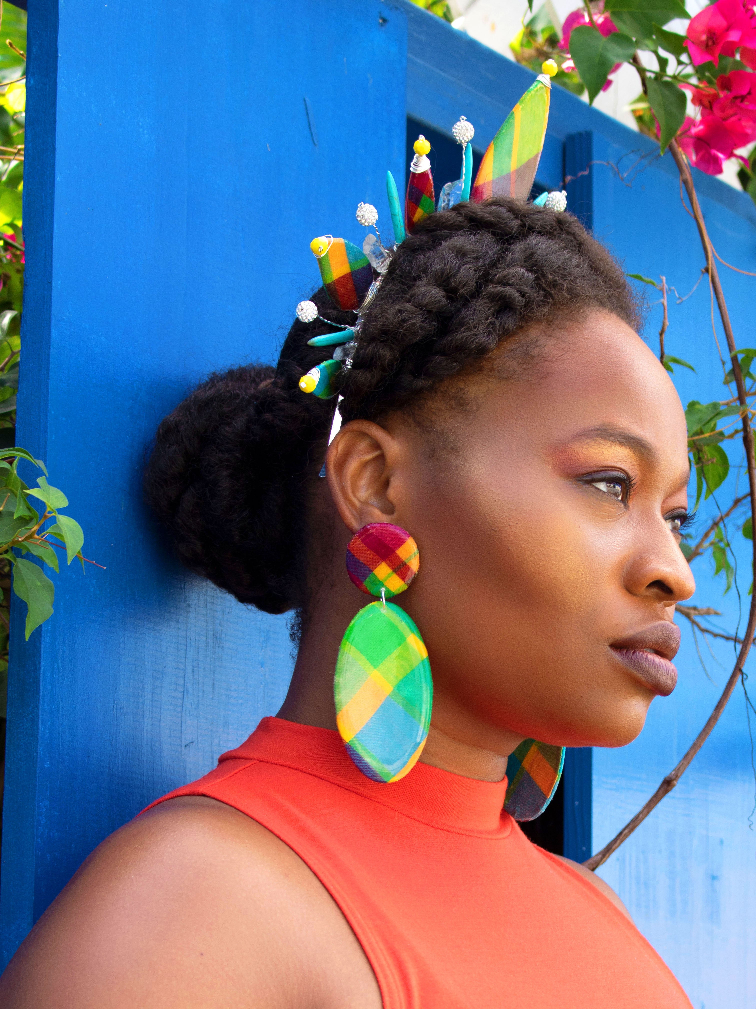 MADRAS DROP STUD EARRINGS (LIME-MULTI)