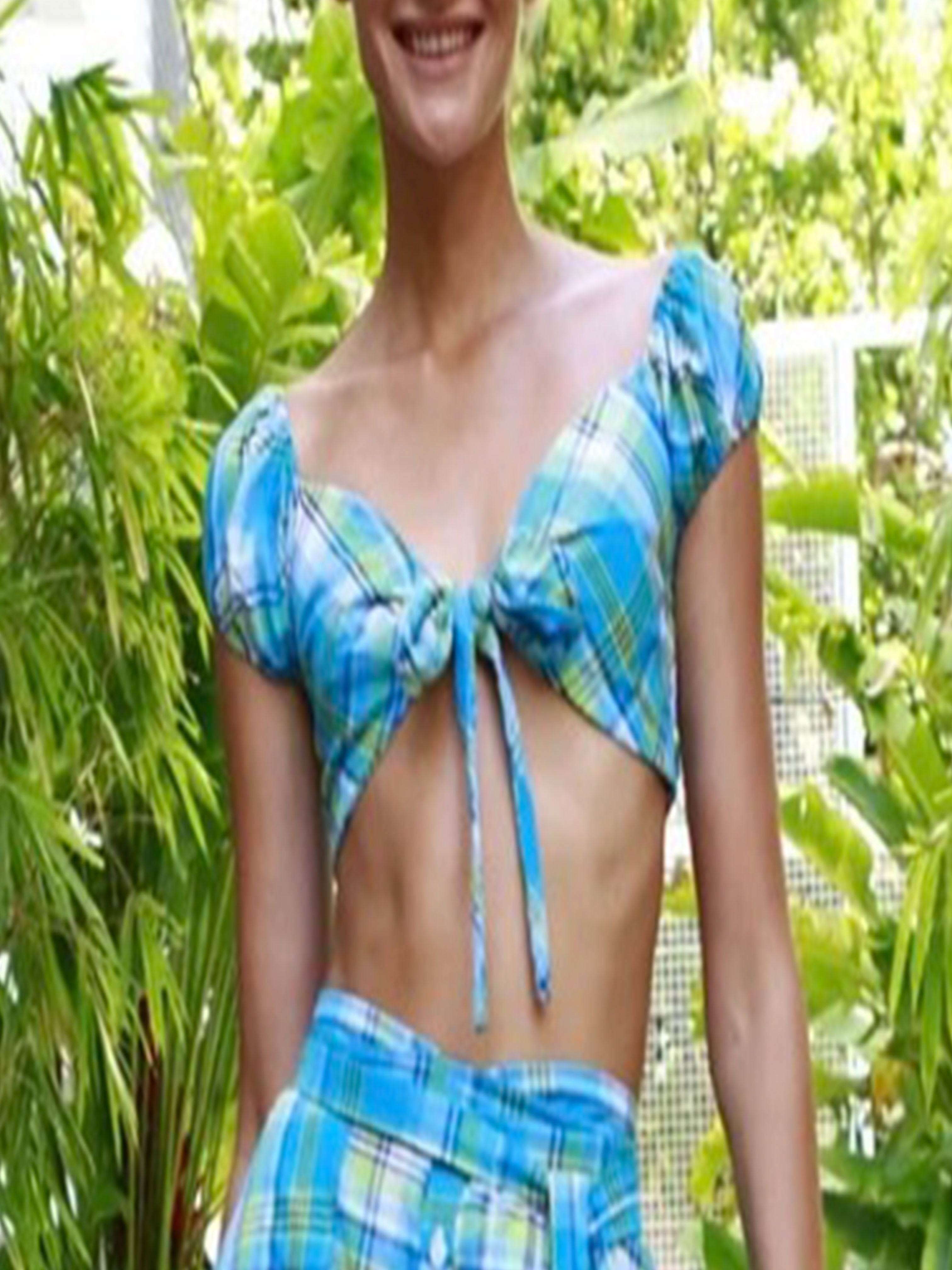 Soft Living Tie Front Crop Top w/ Puff Sleeve